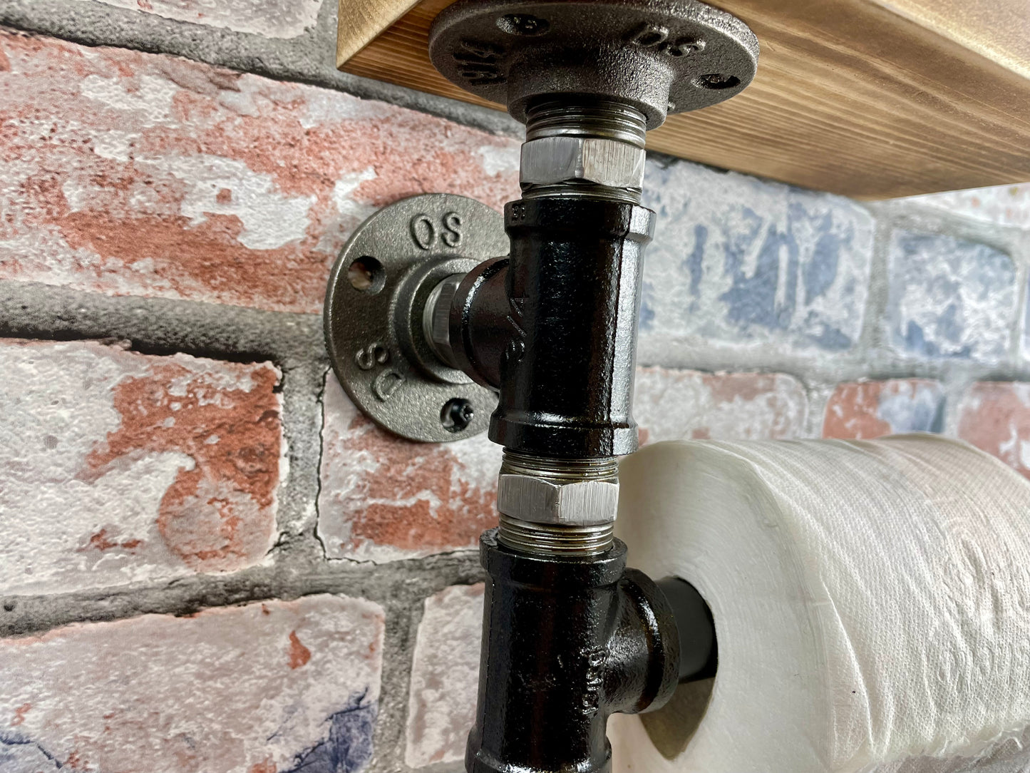Industrial Style Pipework Toilet Roll Holder.
Made to order industrial style pipework toilet roll holder with solid wood shelf in a choice of colours.