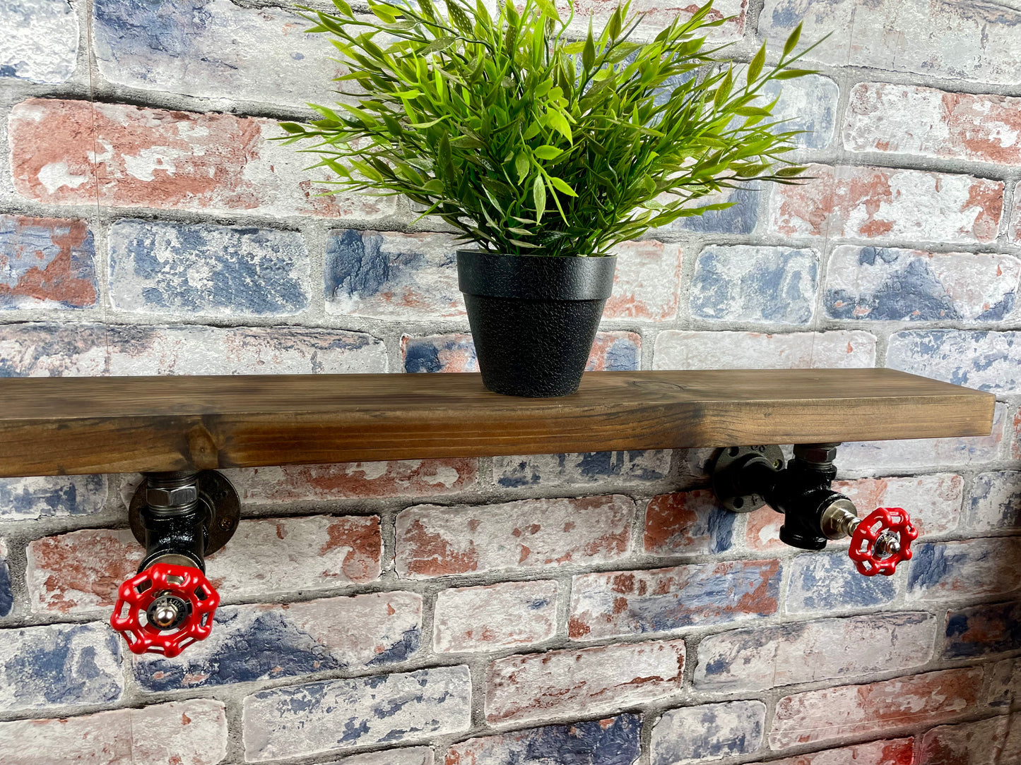 20cm x 10cm handmade industrial style shelf with metal pipework brackets and valves.
Made from solid wood and metal industrial style pipework, this unit is perfect for industrial or loft living style home decor and suitable to use anywhere around the home. Free UK delivery by Splintered Furniture